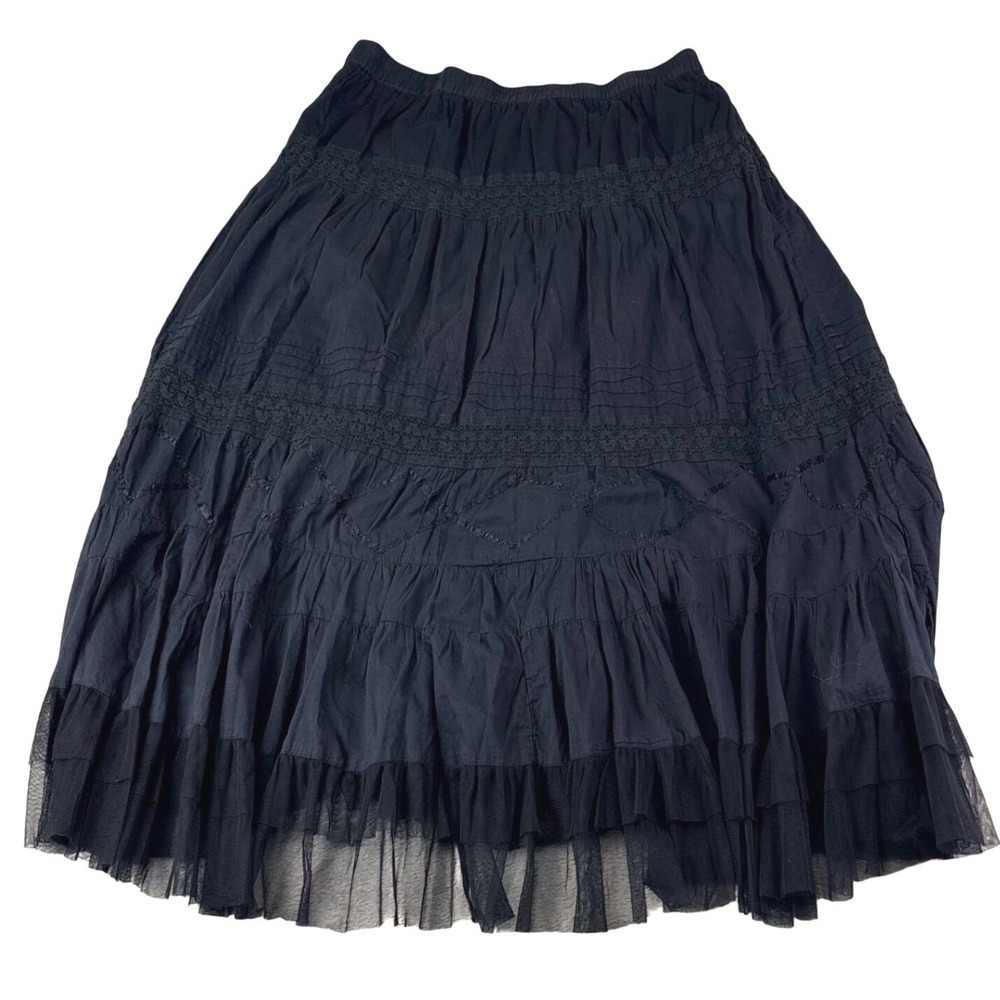 For the Republic L Black Tiered Maxi Skirt Tulle Ruffle Crochet Lace Boho Gothic